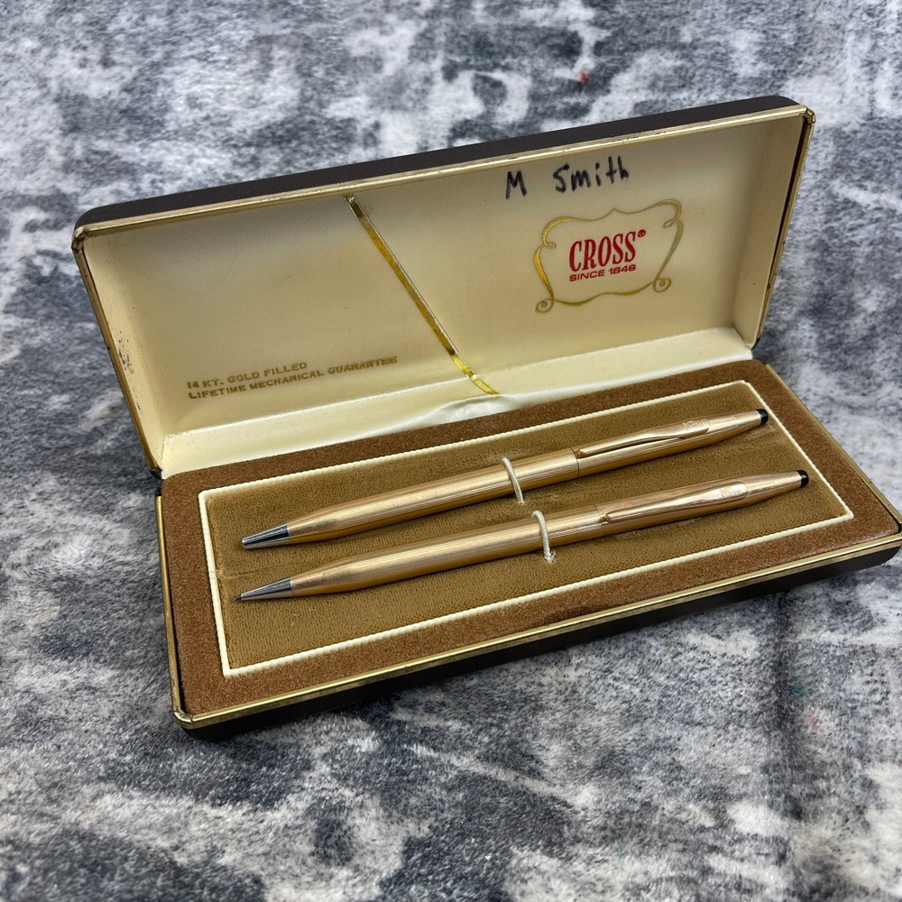 Vtg Cross 1/20 14k Gold Filled Pen & Pencil Set USA Cased Century Stationery